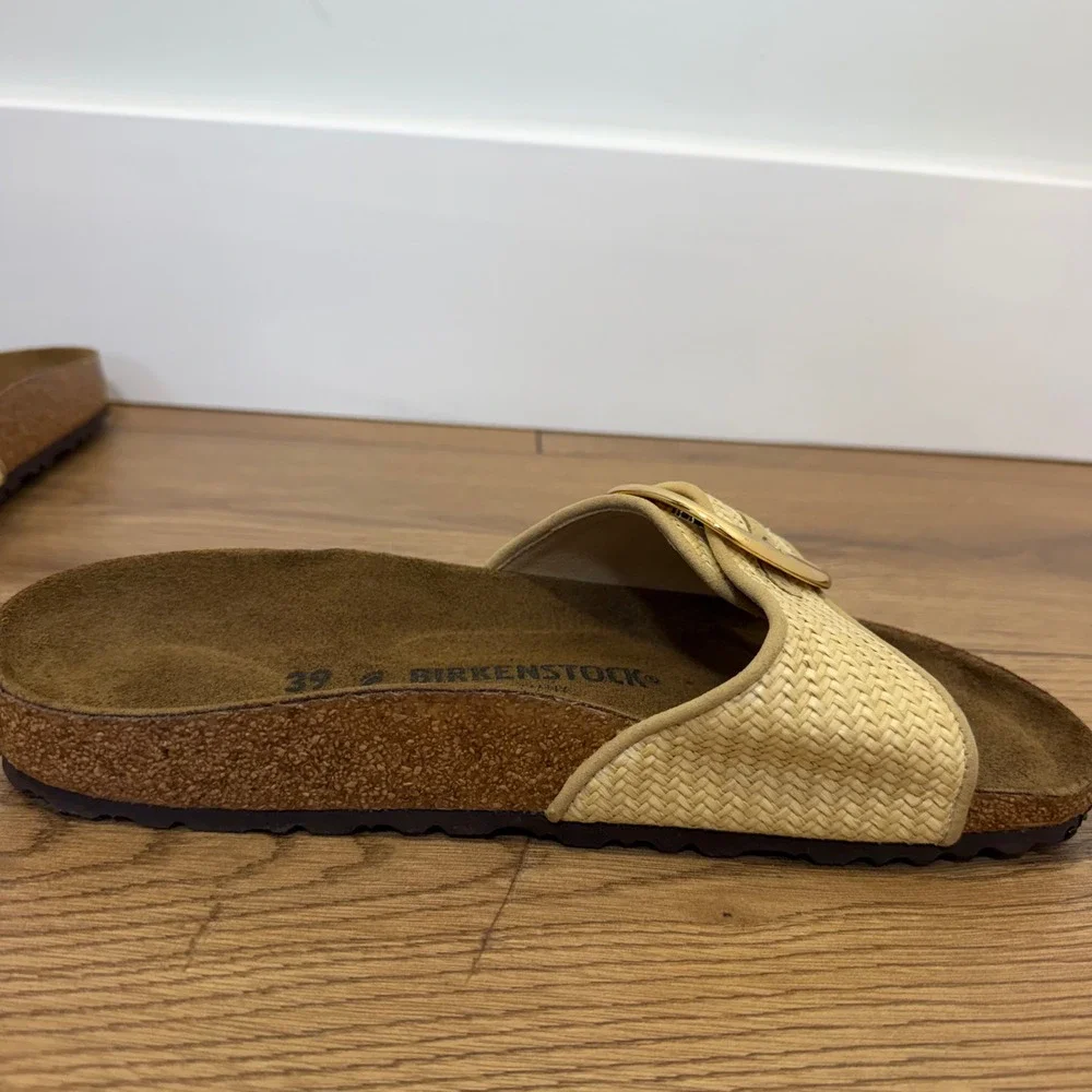 Birkenstock Madrid Big Buckle Raffia Slide 39 Beige Women Sandal Gold Buckle